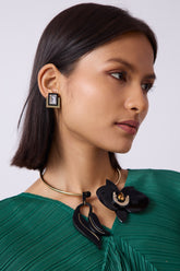Gold leather women's black with distinctive orchid-link metal necklace